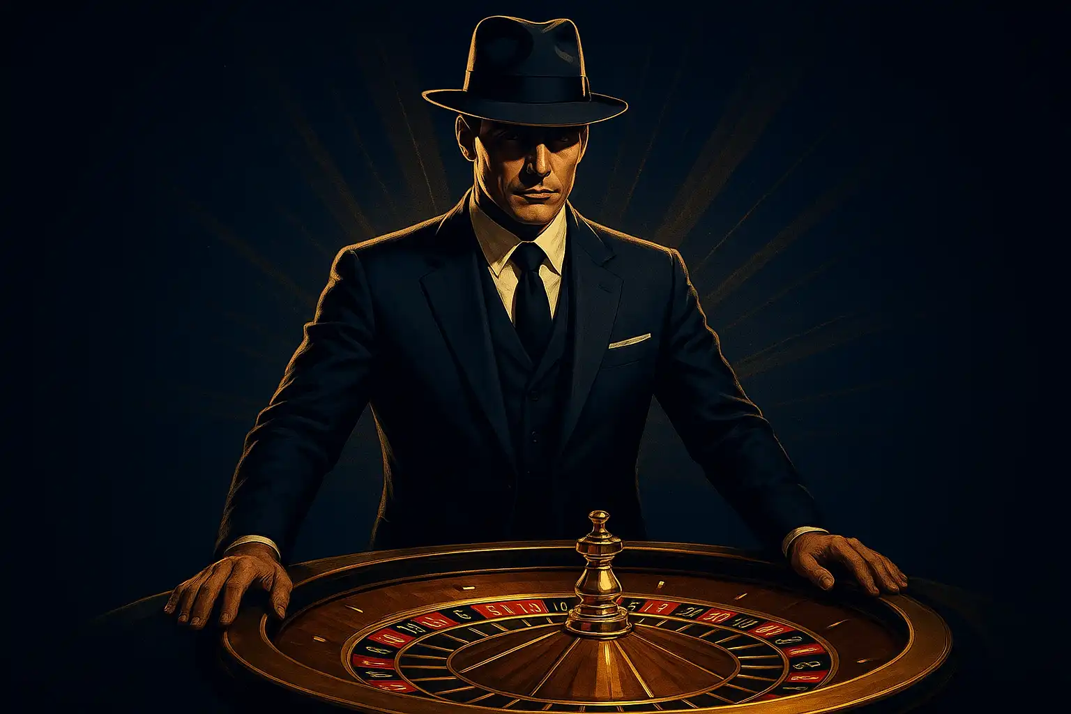 Elegant mafia-style croupier at the golden roulette table of Mafia Casino